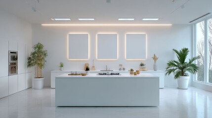 Fototapeta premium Modern Minimalist Kitchen Design with Natural Light and Greenery