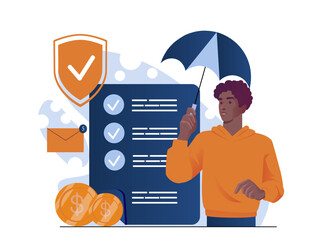 A person holding an umbrella stands near a checklist, shield icon, email, and coins, symbolizing insurance, financial security, and protection. Vector illustration
