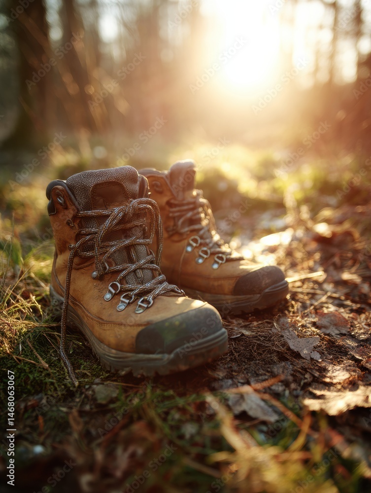 Poster hiking boots resting on forest ground as sunlight filters through trees in a serene clearing generat