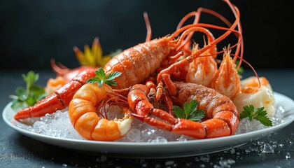 Close-up seafood dish elegantly presented on plate with ice. Red lobster, shrimp. Gourmet, restaurant dining, fine cuisine. Culinary art, food styling, fresh, healthy eating. Appetizing meal.