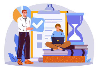 Man holding checkmark and woman working on laptop near checklist, hourglass, and books, on abstract background. Concept of productivity and goal setting. Vector illustration
