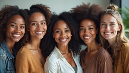 Fototapeta premium Group portrait diverse women. Smiling faces, happiness, multiethnic individuals. Teamwork, unity, cooperation. Corporate, workplace, colleagues, professionals, business, gender equality, inclusion,