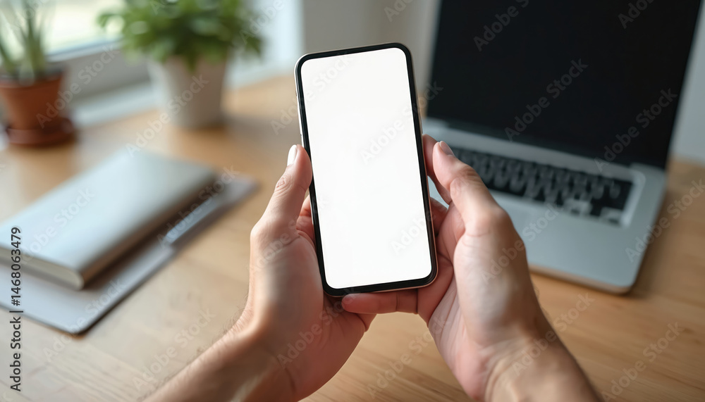 Poster smartphone mockup with blank screen in hands. modern mobile phone on wooden desk background. laptop 