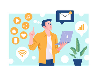 Young man holding laptop and pointing up, surrounded by icons like music, message, and Wi-Fi, on a light blue background. Concept of digital communication. Vector illustration