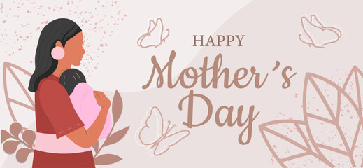 A mother holding her baby in warm tones with floral and butterfly elements, on a soft pastel background. Concept of Mother's Day celebration. Vector illustration