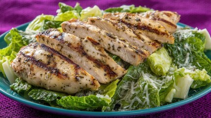 Grilled Chicken Caesar Salad on Blue Plate with Purple Backdrop.