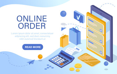 Digital illustration of online ordering with a smartphone, shopping bags, calculator, coins, and credit card on abstract background. Concept of e-commerce. Vector illustration