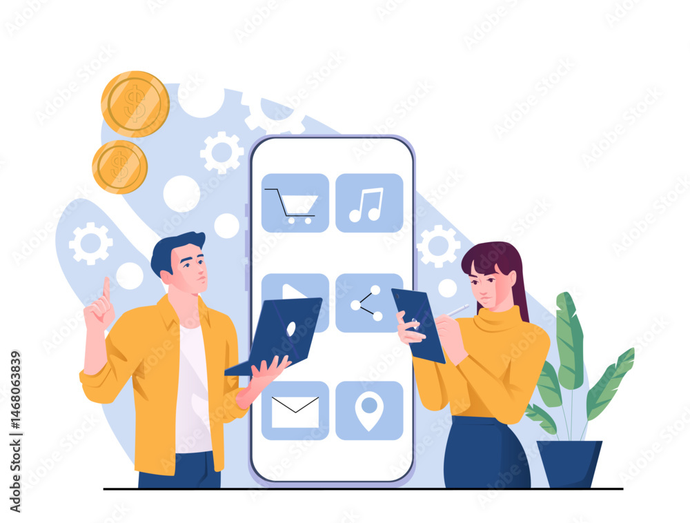 Poster two people using digital devices in front of a giant smartphone interface with app icons, flat style
