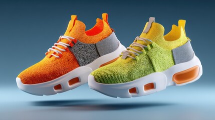 Colorful sneakers levitate, studio shot, blue background, advertising