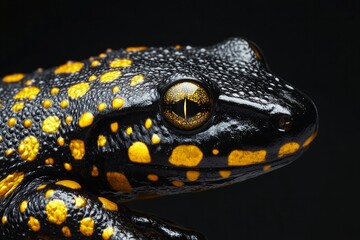 Charming yellow-spotted amphibian perched gracefully against a dark backdrop in a captivating natural moment