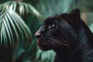 Elegant black panther resting amidst lush greenery in a tranquil jungle setting