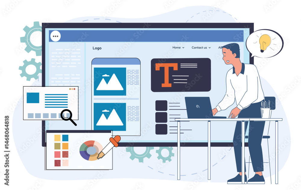 Poster designer working on a website layout on a large screen with color palettes, typography, and image bl