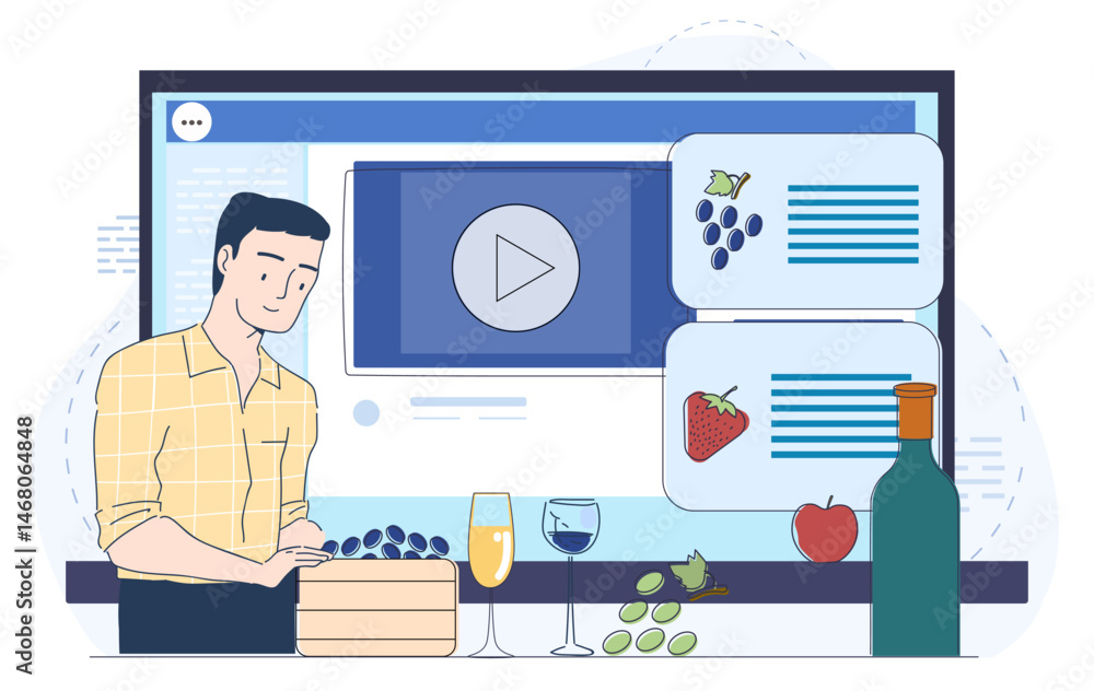 Poster man standing in front of a computer screen watching an online winemaking course with fruits and wine