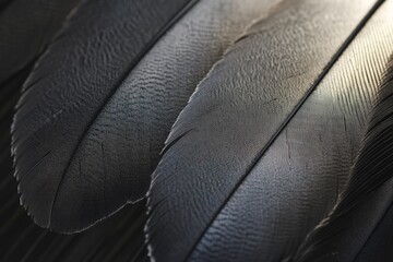 Incredible details of black feathers shining under gentle light revealing their delicate textures and natural beauty