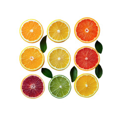 Obraz premium Vibrant Citrus Fruit Slices Arranged in a Grid Pattern with Green Leaves