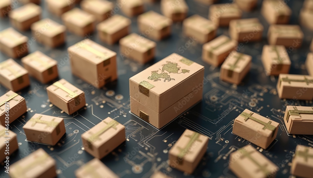 Poster global shipping logistics concept. cardboard boxes with world map print on circuit board, represent 
