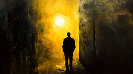 Fototapeta premium A solitary figure stands in a foggy alley illuminated by a dim streetlight