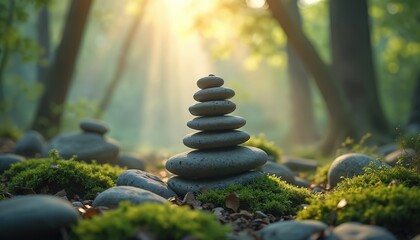 Obraz premium Zen stones stack in a forest with sunlight. Peaceful natural balance concept. Meditation relaxation harmony, spiritual wellness, nature therapy calm environment.