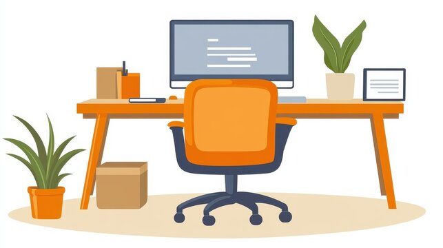 Pixelated Workspace with Computer Desk Chair Plants and Boxes Creating a Retro Aesthetic for Home Office or Creative Studio Environment
