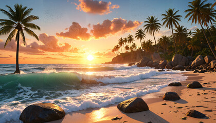 Plage tropicale au coucher du soleil
