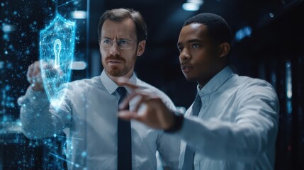 Two professionals collaborate on a digital security shield.