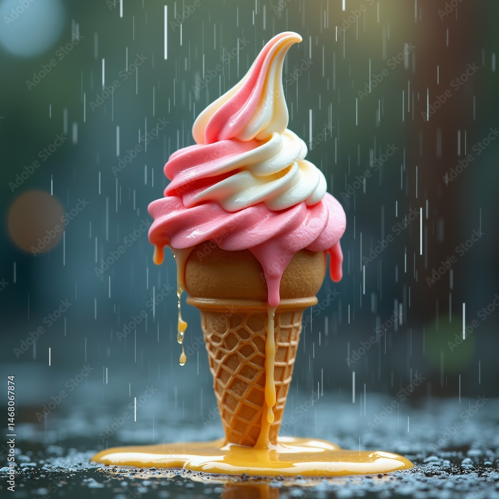 Poster close ice cream cone pink white swirl top cone placed black surface raindrops falling around backgro