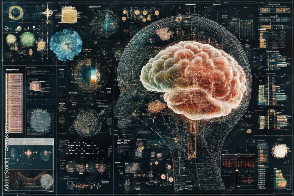 Poster a complex data visualization of ai analyzing large sets of information.
