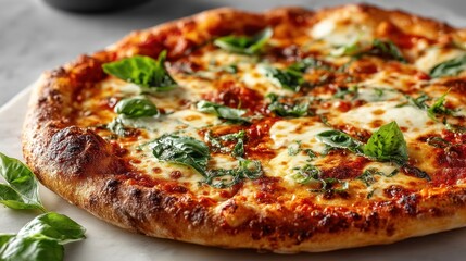 Delicious cheese pizza with basil, kitchen setting