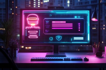 Obraz premium A computer screen displaying an AI chatbot interface, with glowing text and symbols