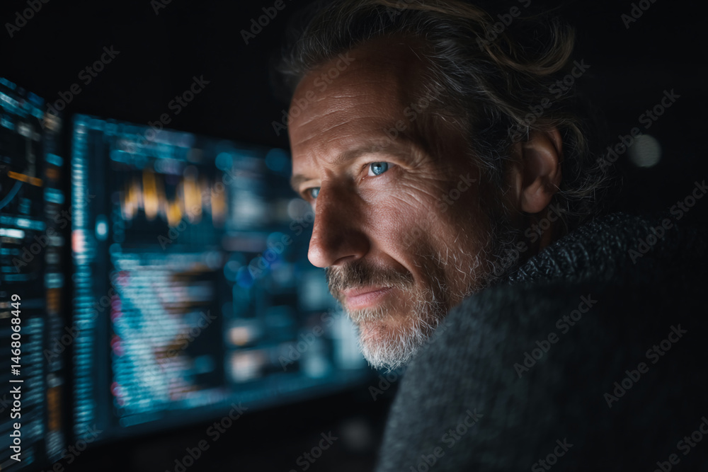 Poster close-up of mature man, focused on computer screen displaying data, conveying concentration and tech