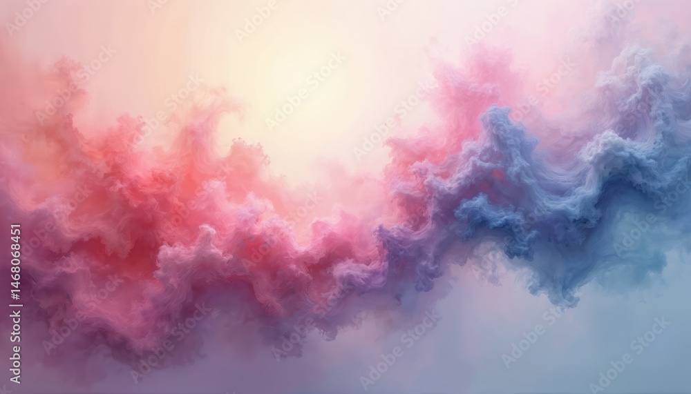 Poster Abstract composition with wisps of light, color forming ephemeral shapes. Generative AI artwork with smooth shapes, swirl effect. Color palette with red, pink, blue tones. Artistic background, design