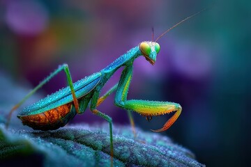 Colorful mantis with water droplets resting on a leaf in a vibrant garden during early morning hours
