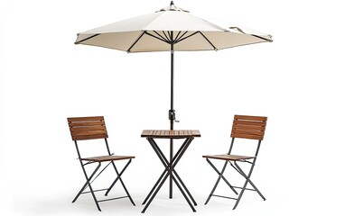 Outdoor bistro set with umbrella.  Compact, wooden table and chairs under a cream umbrella