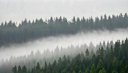 Le calme mystérieux d'une forêt plongée dans la brume matinale