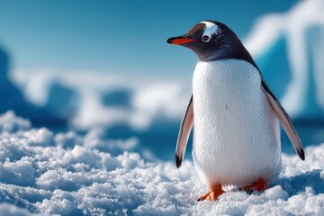 Fototapeta premium Gentoo penguin standing on snow at the edge of icy waters in Antarctica during bright daylight