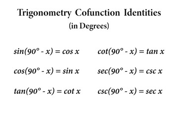 Trigonometry cofunction identities in degrees on the white background. Education. Science. School. Vector illustration.