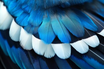 Vibrant feathers shimmer in hues of blue and white against a dark backdrop, showcasing nature’s artistry in detail during a sunny afternoon