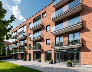 Modern Brick Apartment Building with Glass Balconies