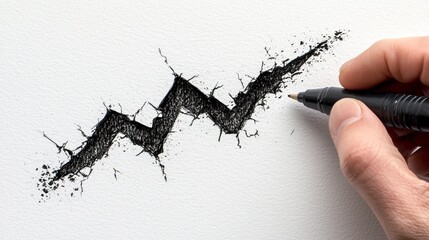 A close-up of a hand drawing a jagged line on textured paper, symbolizing growth or change, with a focus on contrast and detail.
