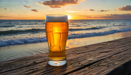 le verre de bi&egrave;re sur une jet&eacute;e au coucher du soleil