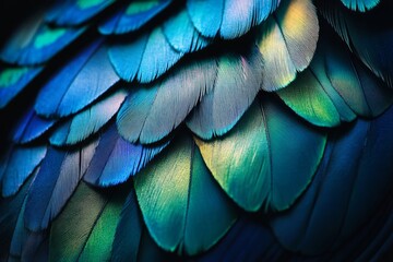 Vibrant feathers showcase a mesmerizing blend of blue and green hues shimmering in the light