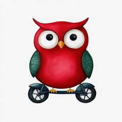 Cute Red Owl Riding a Tiny Bicycle on White Background