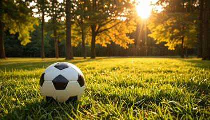 Le soleil couchant sur un ballon de football dans l'herbe