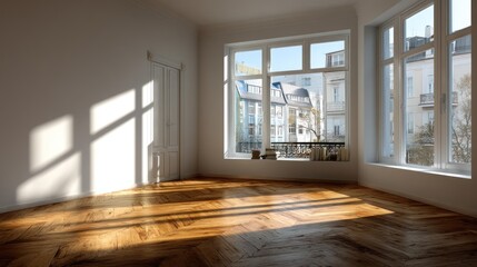 Fototapeta premium Empty sunlit room, city view, hardwood floor, real estate