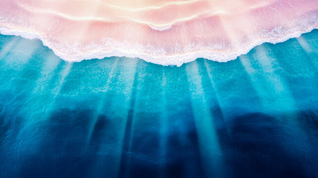 Aerial view, Pink sand beach meeting turquoise sea, concept of summer tranquility, poster for travel agency