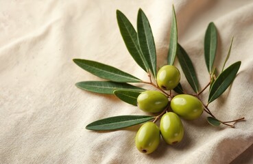 Olive branch with ripe green olives, fresh leaves on linen cloth. Natural background for wellness, skincare or healthy food projects. Mediterranean food concept with fresh harvest.