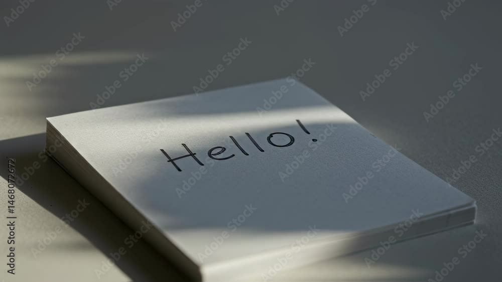 Poster hello message on white notepad under gentle light. hand-written greeting on paper sheet for invitati