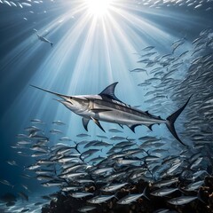 Sailfish and Baitfish School in Sunbeams