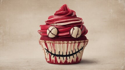 A red velvet cupcake with baseball decorations and a stitched smile on the wrapper