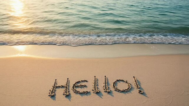 Hello is written in the sand on a sunny day at the beach. Good for vacation, travel, summer greeting card and welcome concept with ocean wave background.